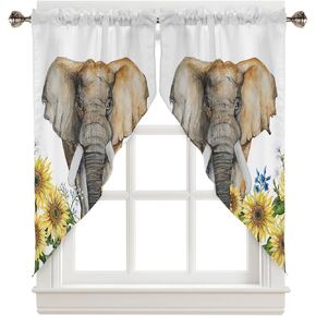 Swag Curtain Valances Elephant with Sunflower Swag Valances for Kitchen Windows Vintage Floral Animal Short Topper Curtains Tier Pair for Kitchen Bedroom Living Room Bathroom Cafe 28"x36"