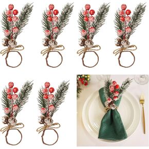 Christmas Napkin Rings Set of 6 Pine Cone Wooden Napkin Rings with Berries Xmas Serviette Buckle Holder for Christmas Holiday Dinner Party Banquet Table Decoration