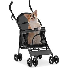 MoNiBloom 4 Wheels Pet Stroller, Easy-Fold Puppy Cage Jogger Stroller with Sun Cover, Pad and Rear Storage Bag, Breathable and Visible Mesh for Small/Medium Pets up to 22 lbs, Navy Blue