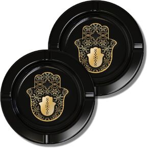 2 PCS of Large Metal Ashtrays | Hamsa Shaped Metal Ashtray Home Decor Outdoor Indoor Round Ashtrays, 5.5 Inch (Black)
