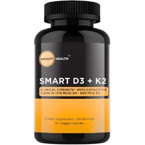 Vitamin D3 + K2 - Bone Health & Immune Support - 7000 IU(175 MCG)D3 + 500 MCG K2 - Cofactors B6, Magnesium & Zinc - Gluten Free, Vegan, Non-GMO - Dietary Supplement - 30 Veggie Capsules