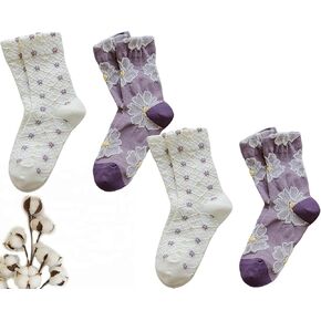 CHUNFO لطيف الجوارب النسائية الأزهار المطرزة زهرة الكاحل خمر القطن جورب طاقم مكشكش Size5-10.5