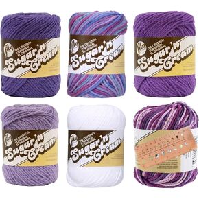 Variety Assortment Lily Sugar 'n Cream Yarn Bundle 100% Cotton Worsted #4 Weight Solids & Ombres with Needle Gauge (Mix 236)