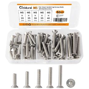 M5 x 20mm 25mm 30mm 35mm 40mm Flat Head Hex Socket Cap Screws Countersunk Bolts, 304 Stainless Steel, Metric Allen Hex Drive, Fully Threaded, Bright Finish, Assortment Kit 50PCS