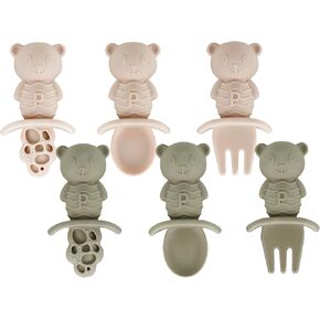 PandaEar 6 Pack Baby Led Weaning Spoons Forks 6+ Months | Silicone Baby Spoon and Fork Self Feeding Utensils, Toddler Infant Anti-Choke Feeding Utensils, Bear Shape -Pink Green Linen