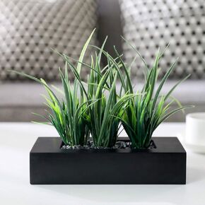 MyGift 14 Inch Large Artificial Green Grass Plants Potted in Matte Black Wood Decorative Planter, Tabletop Faux Greenery in Wooden Rectangular Pot Centerpiece Décor