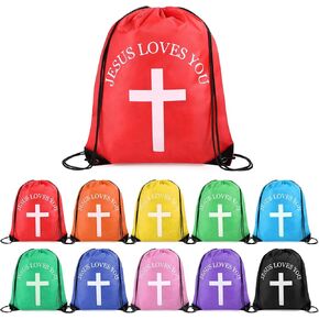 SilTriangle 20 Pcs Jesus Loves You Drawstring Backpack Bulk Religious Gift Bag Cinch Bags Polyester Backpack for Kids Adult Christian Religion Gift Bags