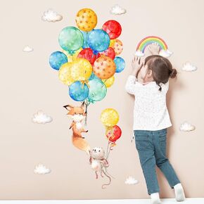 Cute Fox Holding Colorful Ballons Wall Decals, Peel and Stick Vinyl Wall Art Decor for Children Kids Nursery Bedroom Playroom Living Room