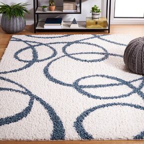 SAFAVIEH Calico Shag Collection Area Rug - 8' x 10', Ivory & Blue, Modern Abstract Design, Non-Shedding & Easy Care, 1.6-inch Thick Ideal for High Traffic Areas in Living Room, Bedroom (CLC118A)