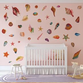 AnFigure Seashells Starfish Wall Stickers Beach Ocean Wall Decals Nursery Playroom Bathroom Laundry Room Toilet Nursery Daycare Bedroom Wall Decor
