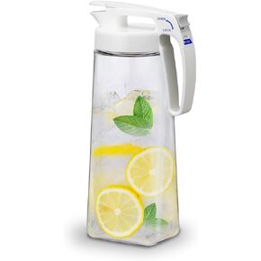 QuickServe Airtight Pitcher - 2.1L (70oz), Heat Resistant, BPA-Free SAN Plastic, One Touch Open & Close, Space-Saving, Made in Japan - White