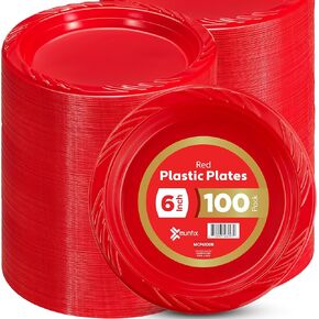 Munfix 6 Inch Red Plastic Plates 100 Bulk Pack - Disposable Cake Plates for Dessert & Appetizers, BBQ, Party, Travel and Events, Microwavable Recyclable