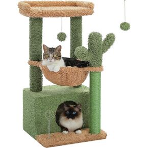 PEQUTLI 4-in-1 Cactus Cat Tree, 33 Inches, for Indoor Cats with Large Cat Condo, Cat Scratching Post, Deep Hammock & Cozy Perch, Green