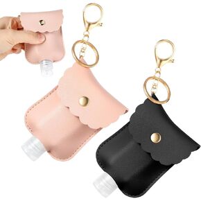 2Pcs Hand Sanitizer Holder Keychain, 60ml Portable Leather Sanitizer Travel Size Keychain Hand Sanitizer Case Refillable Container for Toiletry Lotion Liquid Soap Shampoo (Black, Pink)