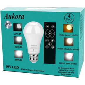 Aukora Led Light Bulbs, Floor Lamp Replacement Bulbs Indoor, Remote Control stepless Regulation Color Temperature (2700K-6000K) ＆ Lumen (80LM-800LM), 9W E26 A19 UL Listed dimmable Light Bulbs 4 Pack