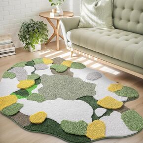 Green Moss Rug for Bedroom, Super Soft Fluffy Runner Rug Bedside Living Room Tufted Carpet, Cute Non Slip Irregular Long Rug, Aesthetic Machine Washable Leaf Rug for Hallway, 2.4' x 6.5'