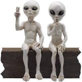 Alien Invasion Shelf Sitters 'Peace & Quiet' 10" H UFO Garden Alien Statues Figurine Set Funny Home and Garden Décor – Antique White