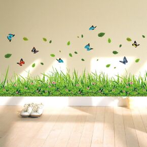 ufengke® Green Grass Flowers Butterflies Wall Stickers, Living Room, Bedroom, Baseboard Removable Stickers