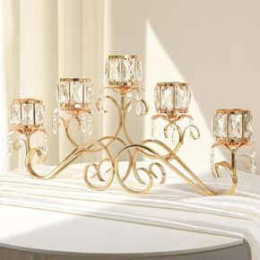 Large Elegant 5 Arms Crystal Bowl Tealight Candle Holder/Candelabra Crystal Votive, 5-arms Crystal Candlestick Holder for Table Centerpiece Wedding/Party Home Decor(Gold, 5-Arm)