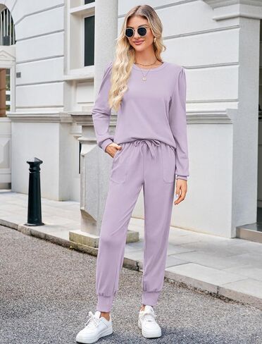 JUSTFASHIONNOW طقم ملابس مكون من قطعتين للسيدات، طقم بدلة رياضية بأكمام منتفخة وبلوزات وسراويل للنساء مع جيوب in Kuwait