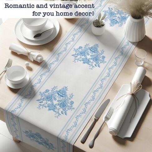 Grandmillennial Home Decor, Blue Floral Tabel Runner 13x72 inches, Chic Dining Room Decor in Saudi Arabia