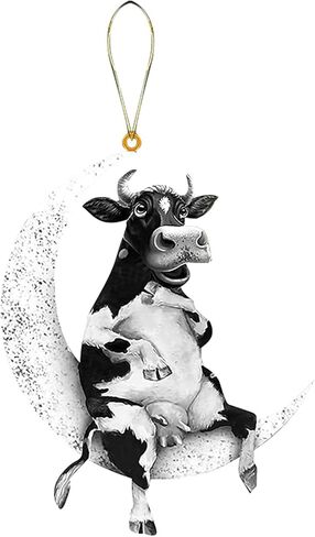 الحيوانات يجلس على القمر شجرة عيد الميلاد الخشب قلادة معلقة للزينة في الهواء الطلق، نافذة الجدار شنقا زخرفة غرفة المعيشة ديكور المنزل، مرآة الرؤية الخلفية للسيارة قلادة الظهر (الأبقار) in Kuwait