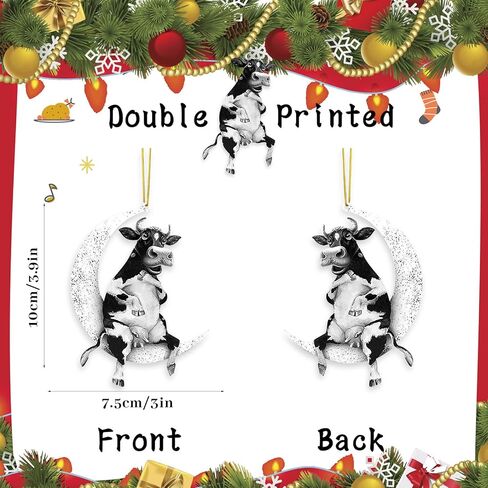 الحيوانات يجلس على القمر شجرة عيد الميلاد الخشب قلادة معلقة للزينة في الهواء الطلق، نافذة الجدار شنقا زخرفة غرفة المعيشة ديكور المنزل، مرآة الرؤية الخلفية للسيارة قلادة الظهر (الأبقار) in Kuwait