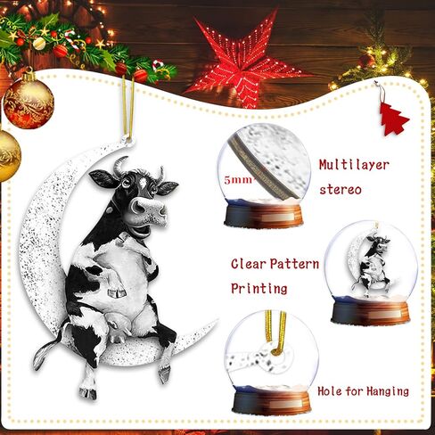 الحيوانات يجلس على القمر شجرة عيد الميلاد الخشب قلادة معلقة للزينة في الهواء الطلق، نافذة الجدار شنقا زخرفة غرفة المعيشة ديكور المنزل، مرآة الرؤية الخلفية للسيارة قلادة الظهر (الأبقار) in Kuwait