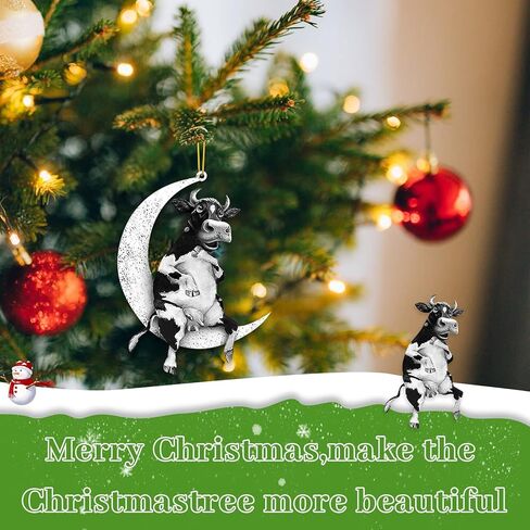 الحيوانات يجلس على القمر شجرة عيد الميلاد الخشب قلادة معلقة للزينة في الهواء الطلق، نافذة الجدار شنقا زخرفة غرفة المعيشة ديكور المنزل، مرآة الرؤية الخلفية للسيارة قلادة الظهر (الأبقار) in Kuwait