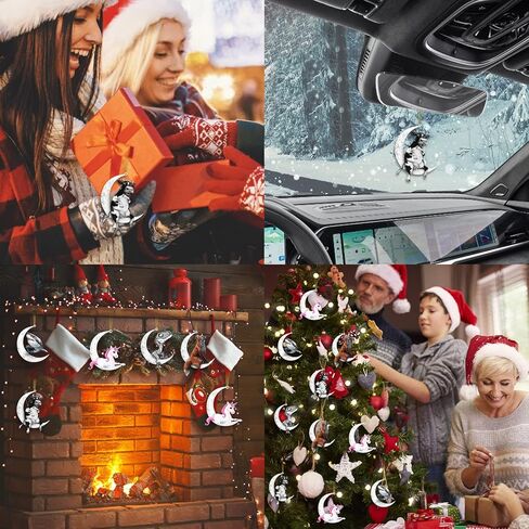 الحيوانات يجلس على القمر شجرة عيد الميلاد الخشب قلادة معلقة للزينة في الهواء الطلق، نافذة الجدار شنقا زخرفة غرفة المعيشة ديكور المنزل، مرآة الرؤية الخلفية للسيارة قلادة الظهر (الأبقار) in Kuwait