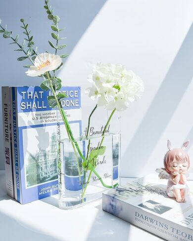 Skywin Acrylic Book Vase Clear - Acrylic Vases for Flowers Aesthetic Room Decor - Clear Book Vase for Flower, Book-Shaped Vase, Acrylic Vases for Centerpieces, or Housewarming Gifts (Black Print) in Kuwait