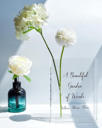 Skywin Acrylic Book Vase Clear - Acrylic Vases for Flowers Aesthetic Room Decor - Clear Book Vase for Flower, Book-Shaped Vase, Acrylic Vases for Centerpieces, or Housewarming Gifts (Black Print) in Kuwait