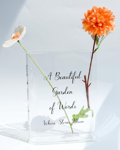 Skywin Acrylic Book Vase Clear - Acrylic Vases for Flowers Aesthetic Room Decor - Clear Book Vase for Flower, Book-Shaped Vase, Acrylic Vases for Centerpieces, or Housewarming Gifts (Black Print) in Kuwait