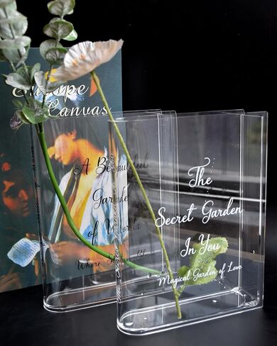Skywin Acrylic Book Vase Clear - Acrylic Vases for Flowers Aesthetic Room Decor - Clear Book Vase for Flower, Book-Shaped Vase, Acrylic Vases for Centerpieces, or Housewarming Gifts (Black Print) in Kuwait
