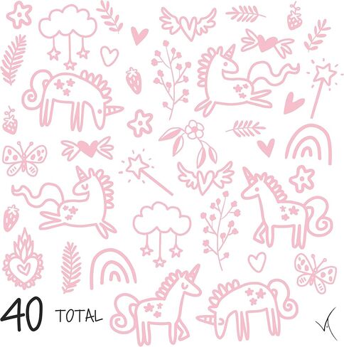 Unicorns and Rainbows Wall Decals Peel and Stick for Kids, Baby Bedroom Nursery and Living Room. 40 pcs Vinyl Wall Stickers Decor (Gold) in Kuwait