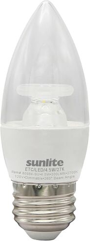 لمبة إضاءة ثريا شفافة Sunlite 80984 LED B11، 4.5 واط (40 وات =)، 300 لومن، 120 فولت، قابلة للتعتيم، قاعدة E26 متوسطة، نجمة الطاقة، 90 CRI، مدرجة في قائمة ETL، طرف طوربيد، 2700 ك أبيض دافئ، عبوة واحدة in Kuwait