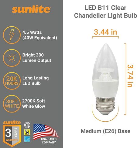 لمبة إضاءة ثريا شفافة Sunlite 80984 LED B11، 4.5 واط (40 وات =)، 300 لومن، 120 فولت، قابلة للتعتيم، قاعدة E26 متوسطة، نجمة الطاقة، 90 CRI، مدرجة في قائمة ETL، طرف طوربيد، 2700 ك أبيض دافئ، عبوة واحدة in Kuwait
