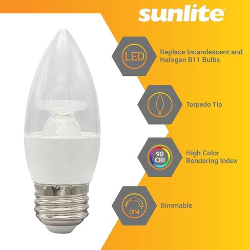 لمبة إضاءة ثريا شفافة Sunlite 80984 LED B11، 4.5 واط (40 وات =)، 300 لومن، 120 فولت، قابلة للتعتيم، قاعدة E26 متوسطة، نجمة الطاقة، 90 CRI، مدرجة في قائمة ETL، طرف طوربيد، 2700 ك أبيض دافئ، عبوة واحدة in Kuwait