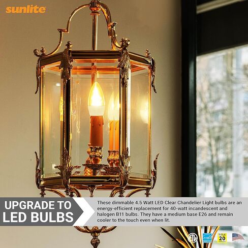 لمبة إضاءة ثريا شفافة Sunlite 80984 LED B11، 4.5 واط (40 وات =)، 300 لومن، 120 فولت، قابلة للتعتيم، قاعدة E26 متوسطة، نجمة الطاقة، 90 CRI، مدرجة في قائمة ETL، طرف طوربيد، 2700 ك أبيض دافئ، عبوة واحدة in Kuwait