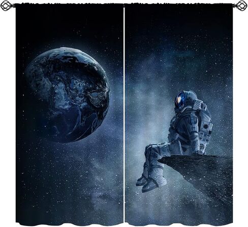 Space Astronaut Sit Cliff Blackout Curtains for Girls Boy Home Decor, Look The Earth Funny Rod Pocket Thermal Insulated Drapes Darkening Window Curtain for Bedroom Living Room, 55 x 63 Inch in Saudi Arabia