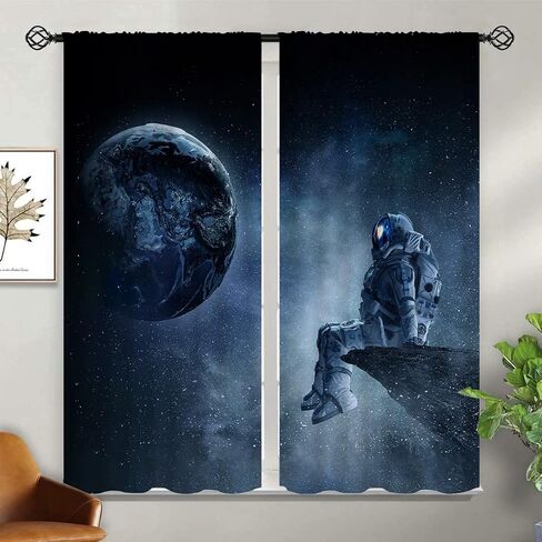 Space Astronaut Sit Cliff Blackout Curtains for Girls Boy Home Decor, Look The Earth Funny Rod Pocket Thermal Insulated Drapes Darkening Window Curtain for Bedroom Living Room, 55 x 63 Inch in Saudi Arabia