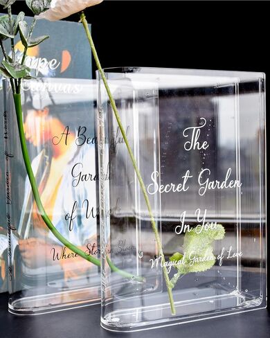 Skywin Acrylic Book Vase Clear - Acrylic Vases for Flowers Aesthetic Room Decor - Clear Book Vase for Flower, Book-Shaped Vase, Acrylic Vases for Centerpieces, or Housewarming Gifts (Black Print) in Kuwait