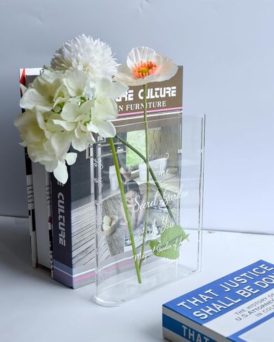 Skywin Acrylic Book Vase Clear - Acrylic Vases for Flowers Aesthetic Room Decor - Clear Book Vase for Flower, Book-Shaped Vase, Acrylic Vases for Centerpieces, or Housewarming Gifts (Black Print) in Kuwait
