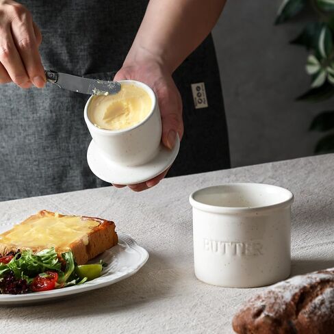 Butter Crock Bell with Lid for Countertop - Ceramic French Butter Dish for Spreadable Soft Butter, Butter Container Holder with a Water Seal, Housewarming Gift, Kitchen and Home Decor, Speckled White in Kuwait