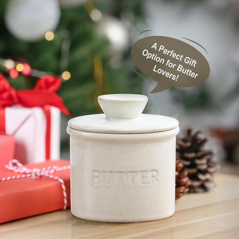 Butter Crock Bell with Lid for Countertop - Ceramic French Butter Dish for Spreadable Soft Butter, Butter Container Holder with a Water Seal, Housewarming Gift, Kitchen and Home Decor, Speckled White in Kuwait