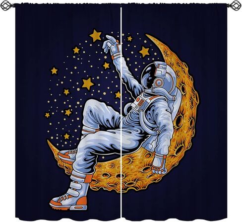 Space Astronaut Sit Cliff Blackout Curtains for Girls Boy Home Decor, Look The Earth Funny Rod Pocket Thermal Insulated Drapes Darkening Window Curtain for Bedroom Living Room, 55 x 63 Inch in Saudi Arabia