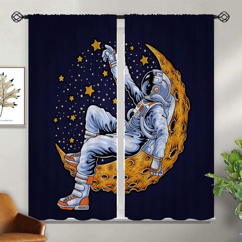 Space Astronaut Sit Cliff Blackout Curtains for Girls Boy Home Decor, Look The Earth Funny Rod Pocket Thermal Insulated Drapes Darkening Window Curtain for Bedroom Living Room, 55 x 63 Inch in Saudi Arabia