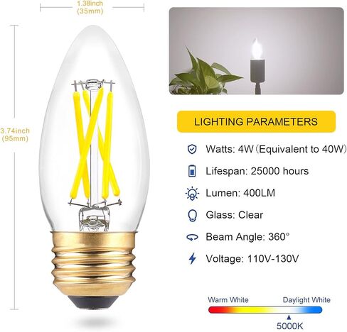 B11 E26 مصابيح LED كانديلابرا 25 وات مكافئة، مصابيح إضاءة ثريا LED قابلة للتعتيم، بيضاء ناعمة 3000 ك، 2 وات 200 لومين، لمبة خيوط شمعة مزخرفة لأضواء السقف مروحة السقف، 3 عبوات in Saudi Arabia
