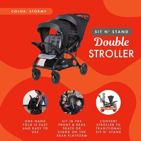 Baby Trend Sit N' Stand Double Stroller 2.0 DLX with 5 Point Safety Harness, Canopy, Extra Basket, 2 Cup Holders, and Covered Compartment, Stormy in Kuwait