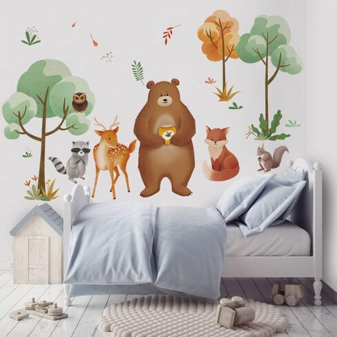Runtoo Woodland Animal Wall Decals Bear Fox Tree Forest Wall Stickers for Nursery Kids Bedroom Wall Decor in Saudi Arabia
